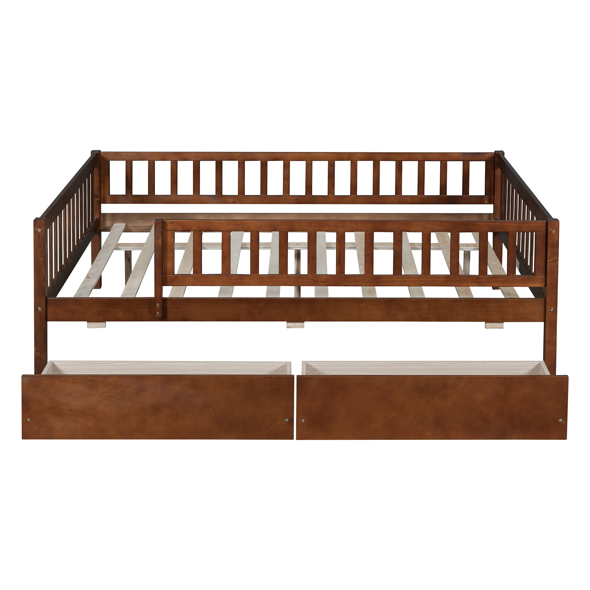 Bellemave Full Daybed with Storage and Fence, Wooden Full Size Platform Bed with Rails and 2 Drawers, Low Loft Bed Frame for Teens (Natural)