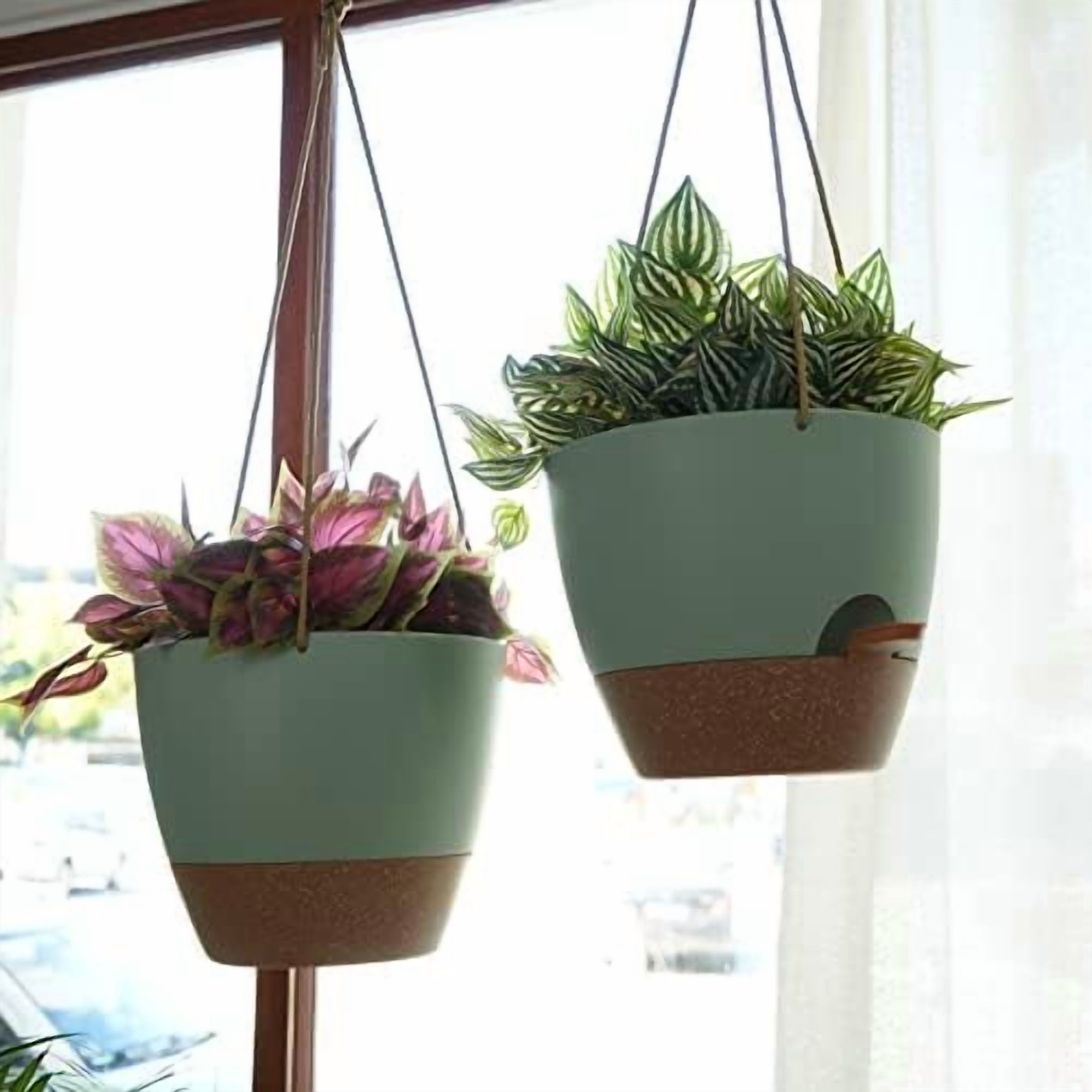 10 Inch Self Watering Hanging Pots, 2 Pack Hanging Planters with 40oZ Deep Reservior for Indoor Outdoor Plants Flowers, Green with Brown