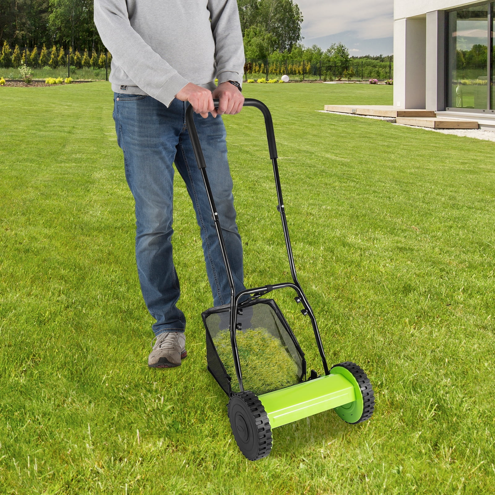 12-Inch Manual Reel Lawn Mower, 5-Blade Push Lawn Mower with 6-Gal Grass Catcher, Adjustable Cutting Height, Quiet Motorless Walk-Behind Grass Cutter for Small Yard, Garden, Lawn & Sidewalk