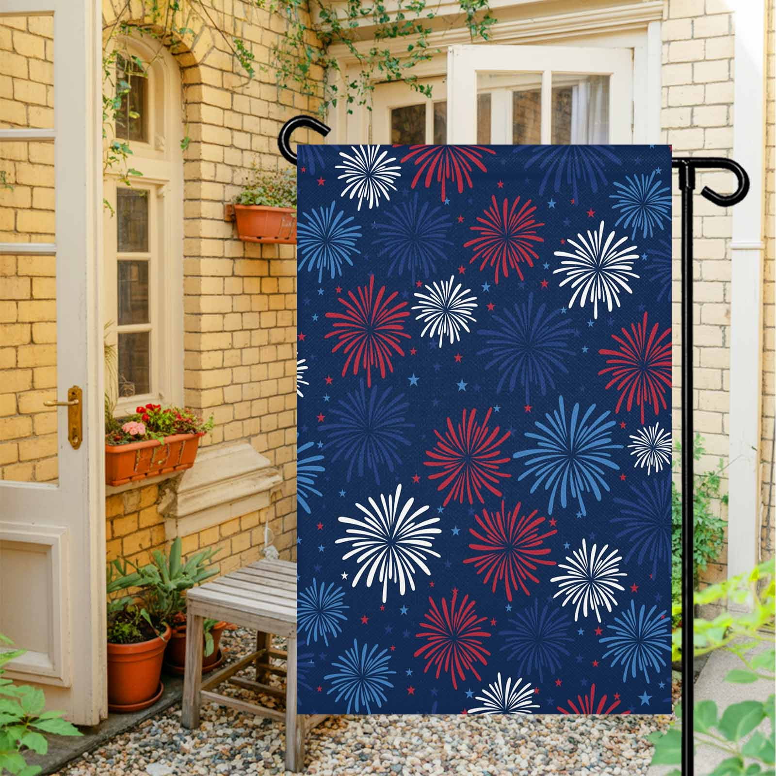 4th of July Garden Flags Red White and Blue Stars Fireworks Garden Flag Double Sided Welcome Flag USA Flag Independence Day Yard Flags for Outdoor Lawn Porch Memorial Day Holiday Decor 28x40 Inch