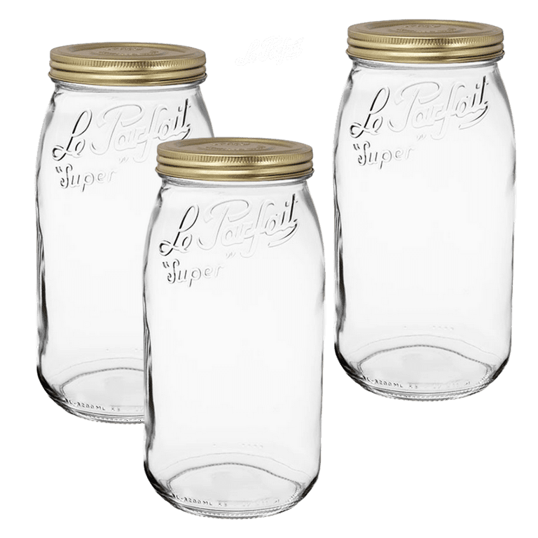 Le Parfait Screw Top Jar - 3L Wide Mouth French Glass Canning Jar w/  2-Piece Gold Lid, 96oz/3 Quarts (Pack of 3)