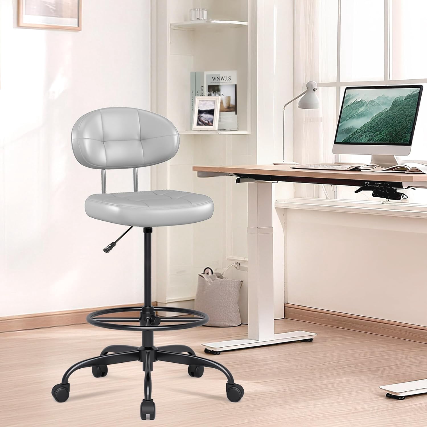 Drafting Chair, Armless Tall Office Chair with Footrest Ring for Standing Desk, Small Faux Leather Executive Computer Chair with Adjustable Height for Bar Lab Counter Height Desk, Gray