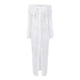 thumbnail image 4 of FEIFLY Women Elegant Off Shoulder Dress Long Sleeve Button Down Split Ruffle Bodycon Midi Dresses Solid Color Festival Clothing, 4 of 5