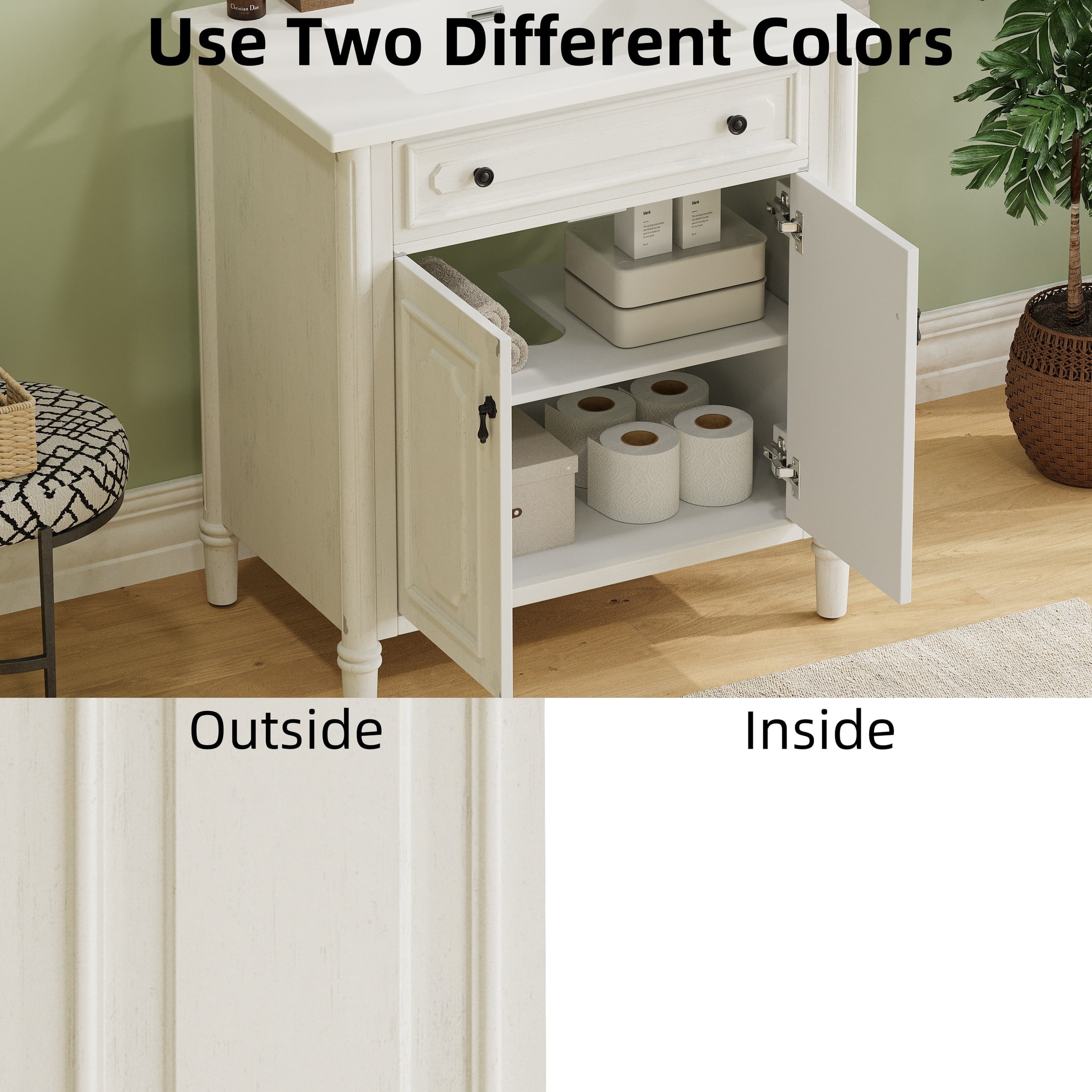 Christopher Knight Home 31" Vintage Bathroom Vanity, Curved Profile MDF Cabinet with Ceramic Sink, White
