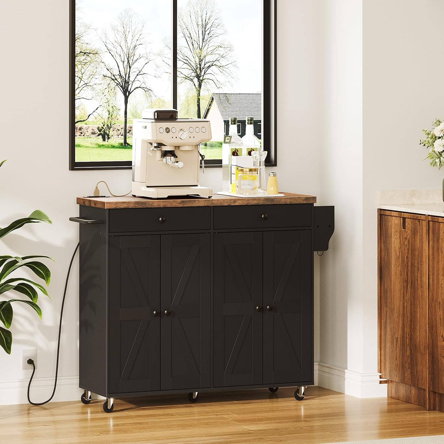 HOOBRO 43.3" Rolling Kitchen Island with Charging Station Kitchen Island Cart with Spice Rack and Hooks Kitchen Living Room Rustic Brown and Black BF11UZD01