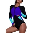 thumbnail image 2 of Womens Color Block Print One Piece Swimsuit Zip Front Long Sleeve Rash Guard Surfing Swimsuit Swimwear, 2 of 6
