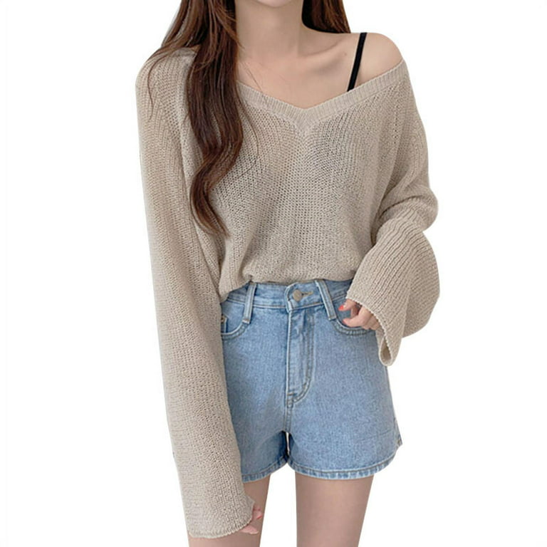 Buy Floerns Women's Casual V Neck Long Sleeve Loose Pullover Crop Tee Shirt  Top, Beige, X-Large at
