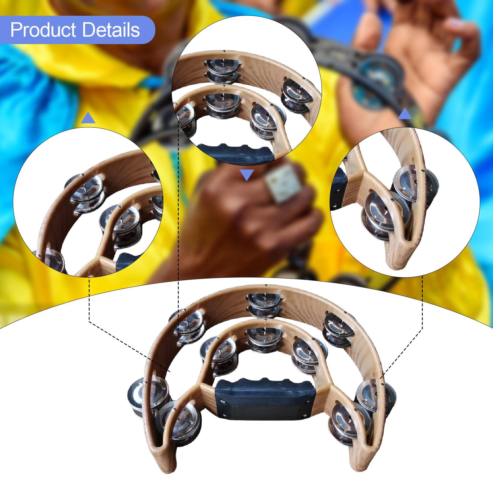 JWQFBC Double Row Tambourine Hand Bell Compact Half Moon Percussion Drum Favors Musical
