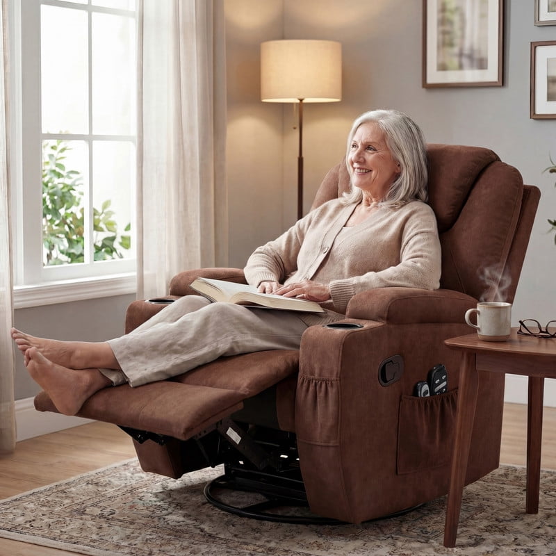 Vineego Massage Swivel Rocker Recliner with PU Leather Fabric Small Spaces Lounge Chair with Two Cup Holder for Bed Room,Linen Brown