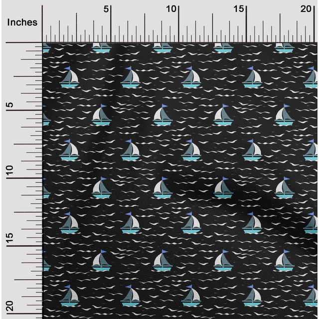 oneOone Cotton Poplin Fabric Waves & Sailboat Ocean Print Fabric BTY 42 Inch Wide
