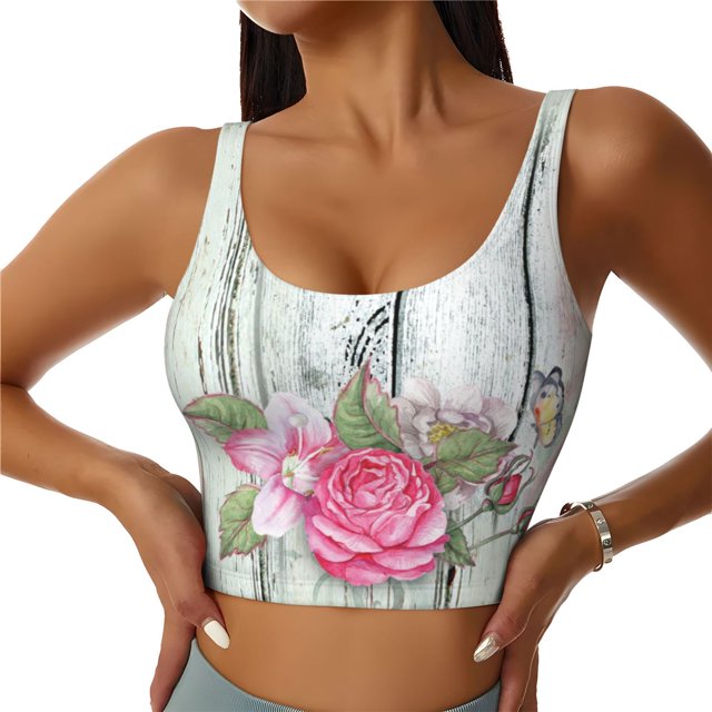 Balery Vintage Wood with Floral Sujetadores deportivos con espalda cruzada para mujer, acolchados, sin costuras, de alto impacto, ideales para yoga, gimnasio, entrenamiento y fitness.-XX-Large