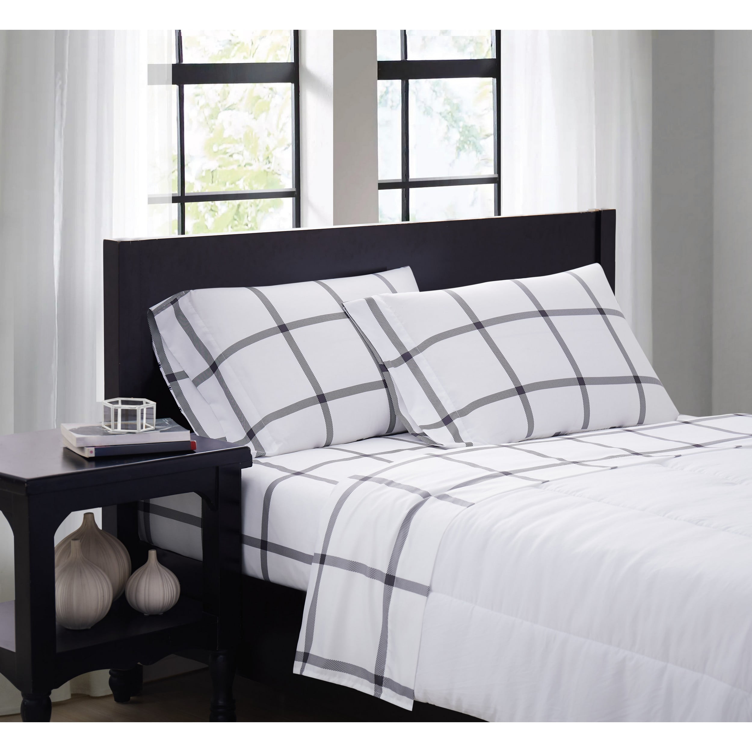 Truly Soft Printed Windowpane White and Charcoal Grey Twin XL Sheet Set