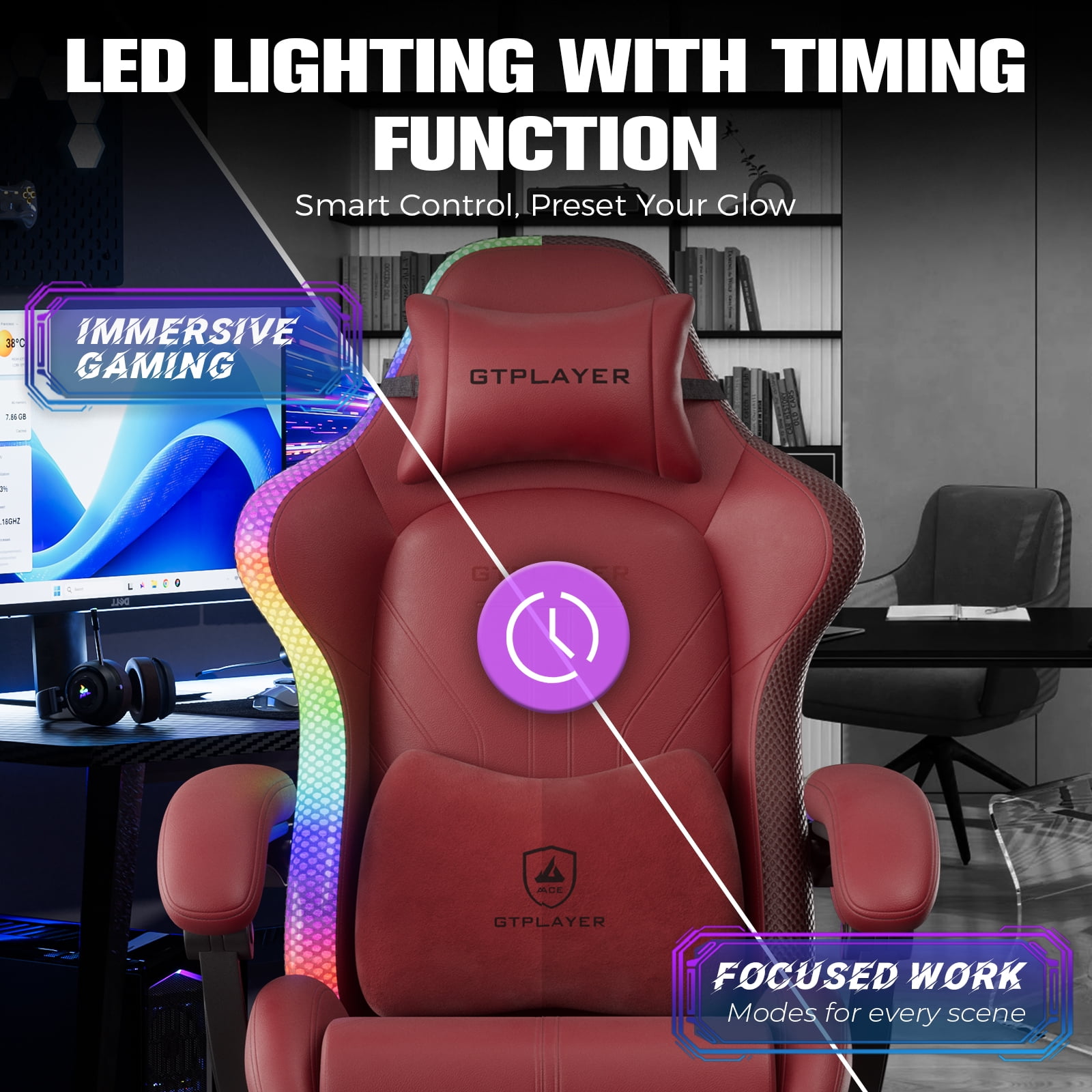 GTPLAYER RGB Gaming Chair with Timed LED Lights, 400LBS Capacity Gaming Office Chair with Reclining Backrest & Retractable Footrest for Gaming & Office, Red