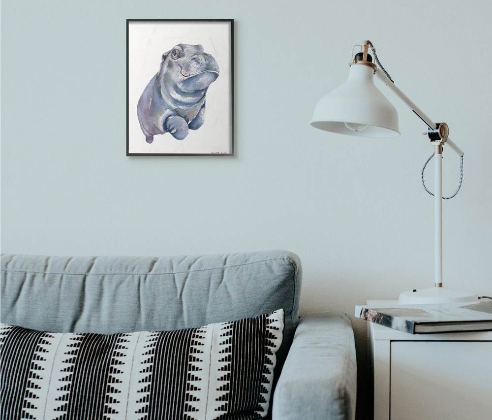 Stupell Industries Baby Hippo Animal Watercolor Painting Framed Giclee Texturized Art by George Dyachenko