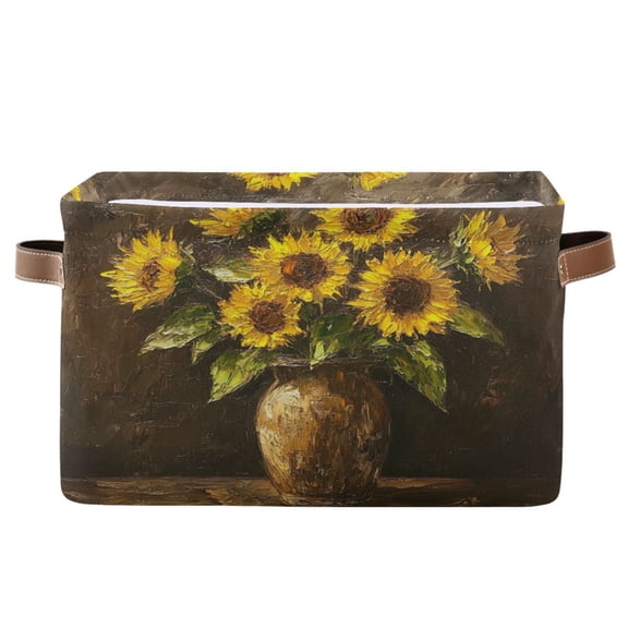 WOBOGO Brown Sunflower Plant Square Storage Basket with Waterproof Canvas and PE Lining Durable PU Leather Handles 14.2×10.2×8.3in