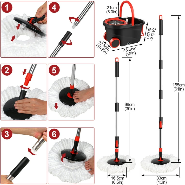 Spin Mop and Bucket with Wringer Set, 360° Mop and Bucket Set for Floor Cleaning, Stainless Steel 61" Adjustable Extended Handle with 3 Microfiber Mop Refills, Black&Red - Walmart.com