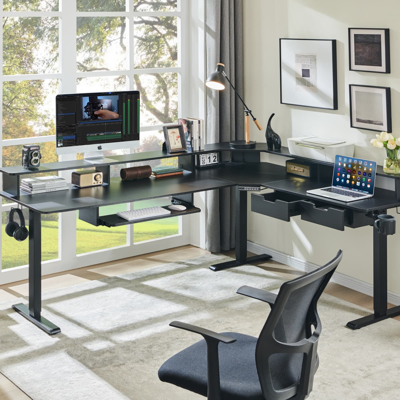 KeyWhat 70" L Shaped Standing Desk, Electric Height Adjustable Computer Desk with Shelves & Keyboard Tray & LED Strip & Power Outlets, Carbon Fiber Black
