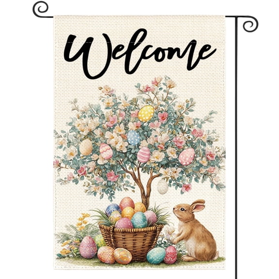 Sm:)e Welcome Egg Tree Flowers Easter Garden Flag - 12x18 Inch Double-Sided, Polyester, Machine Washable & Reusable Outdoor Flag for Patio Decoration