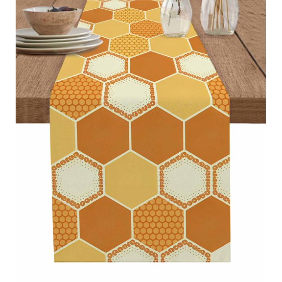 Orange Yellow Table Runner 48 Inches, Farmhouse Abstract Geometric Hexagon Art Bed Runner Dresser Scarves Tabletop for Indoor Outdoor Parties/Ceremony/Banquet, 13" x 48"