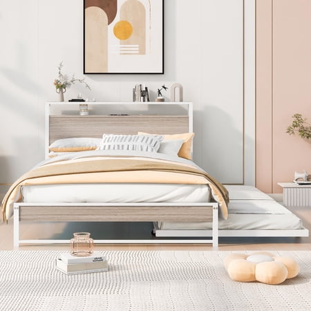 iRerts Metal Full Platform Bed Frame with Trundle  Industrial Full Bed Frame with Storage Headboard  USB Ports  Socket and Slat Support  Full Size Bed Frame No Box Spring Needed for Bedroom  White