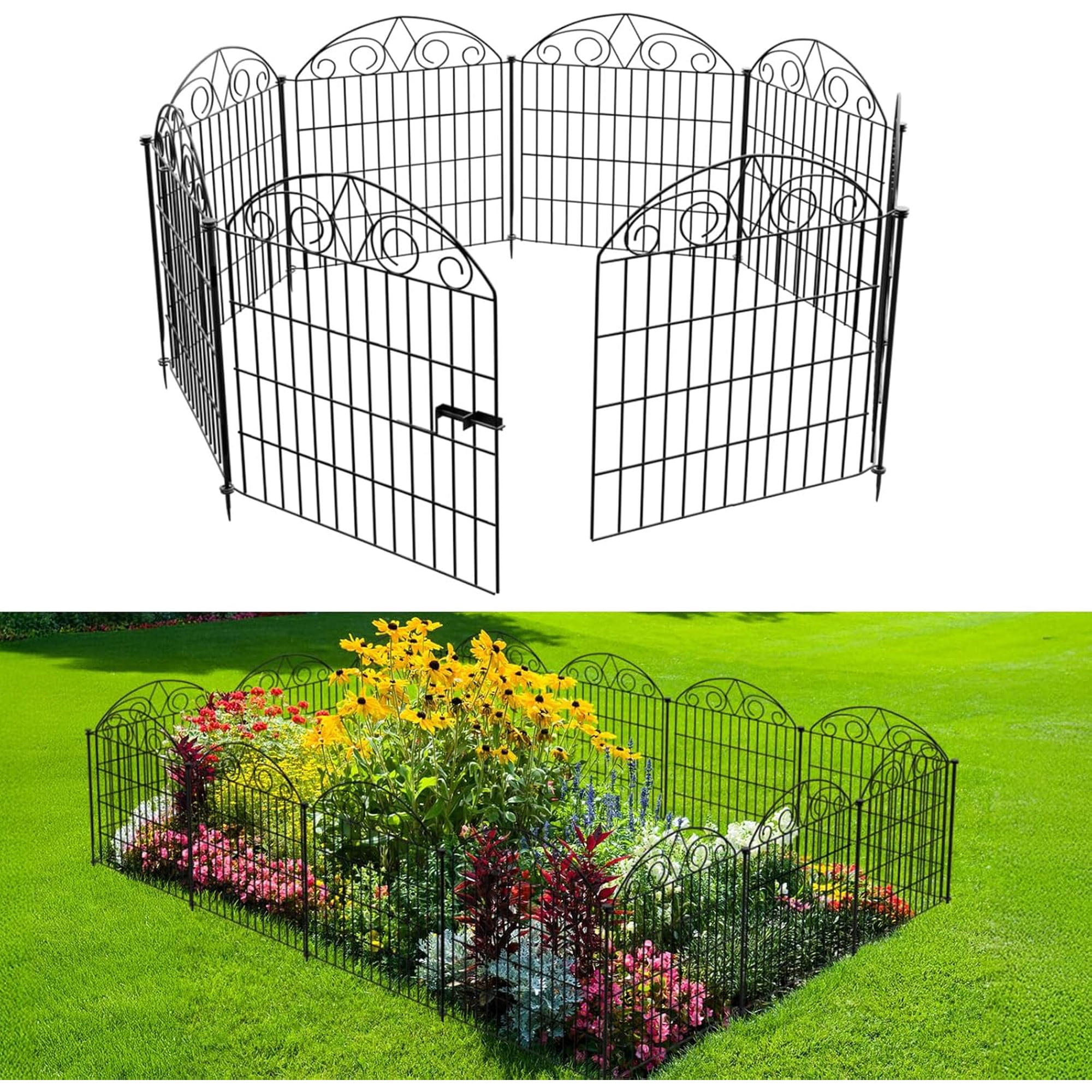 LOVE STORY 10 Panels No Dig Decorative Garden Fence with Gate Animal Barrier Fencing Metal Wire Panel Border Patio Dog Rabbits Ground Stakes Fencing, 24ft(L) x 32in(H)