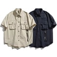 thumbnail image 4 of Camisas cargo de manga corta vintage japonesas de verano para hombres 2023, nuevas blusas lisas con múltiples bolsillos y hebillas de cincha, 4 of 5