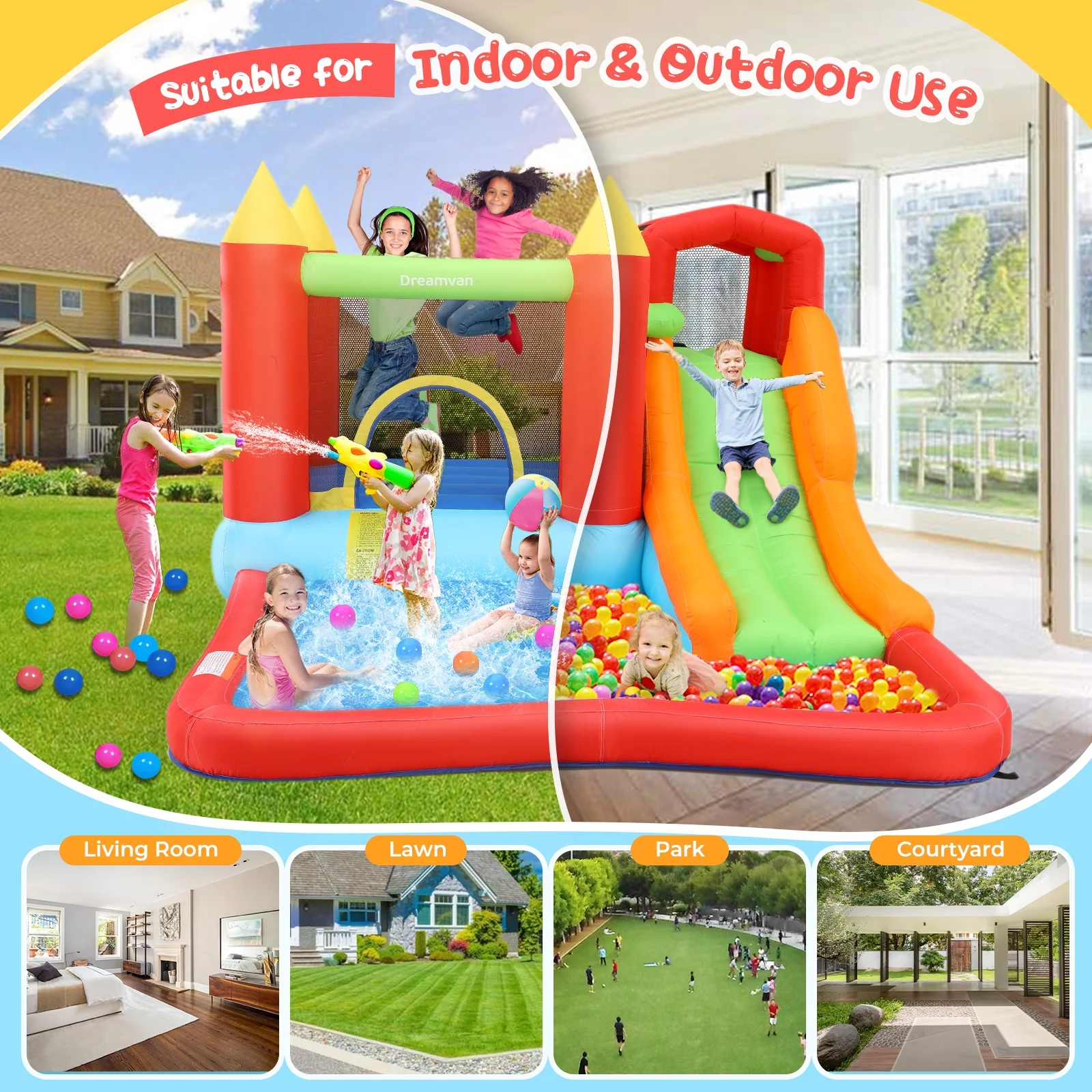 Veeboto Inflatable Bounce House with 370W Blower, Large Bouncy Castle with Slide & Bouncing Area, Climbing Wall, Jumping House for 3-10 Years Kids