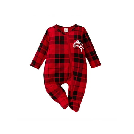 

Licupiee Christmas Baby Girls Autumn Casual Footed Jumpsuit Red Long Sleeve Oblique Zipper Plaid Playsuit