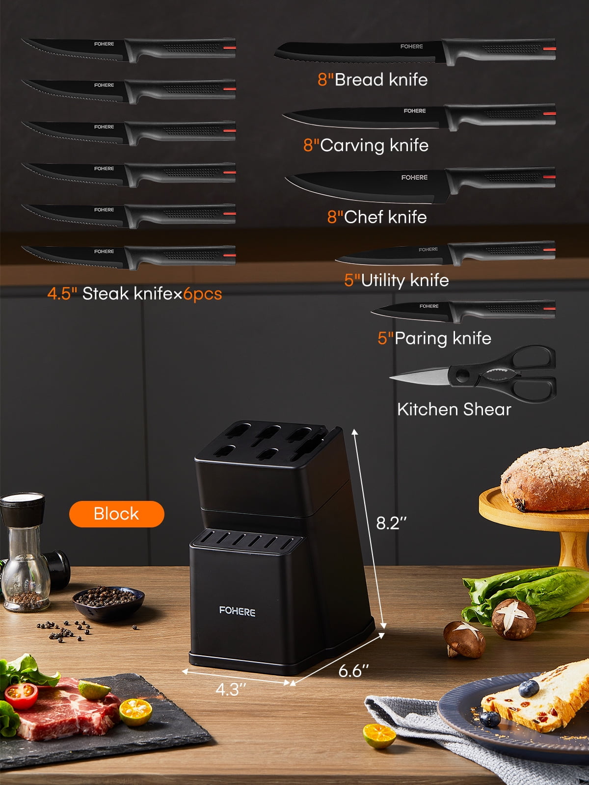 FOHERE Knife Set with Block  13 Pieces Stainless Steel Knive Sets for Kitchen with Built-in Sharpener Sharp Black Kitchen Knife Block Set with Anti-slip Handle,Black
