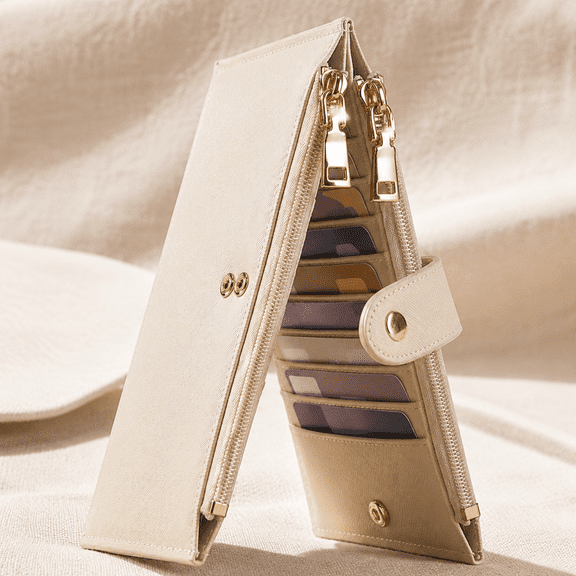 Beige Bifold Leather Wallet Large Capacity Multi Card RFID Blocking Case