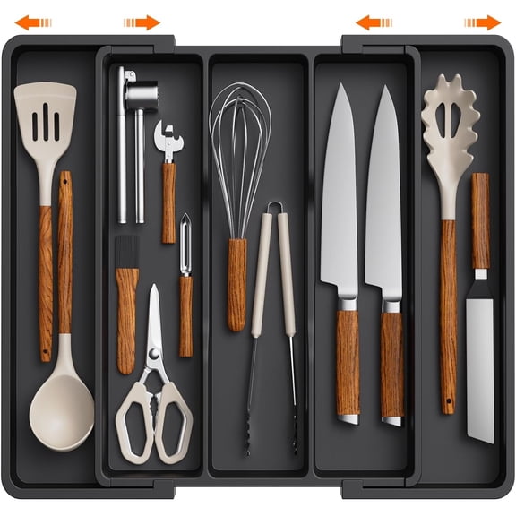 Utensil Organizer for Kitchen Drawers, Expandable Cooking Utensil Tray, Adjustable Cutlery Silverware Flatware Holder, Plastic Spatula Tools Storage Divider, 13-22 x 15", Black