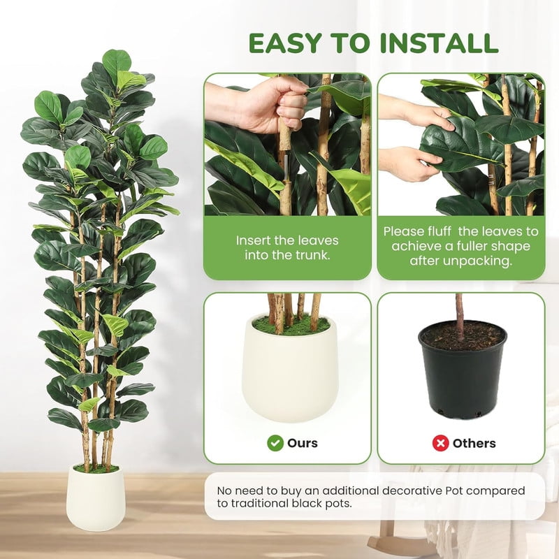 5FT/6FT/7FT Faux Fiddle Leaf Fig Tree with White Pot, Faux Trees with Artificial Plants  - Lifelike Fake Tree for Home Office Store Room Decor Indoor Outdoor