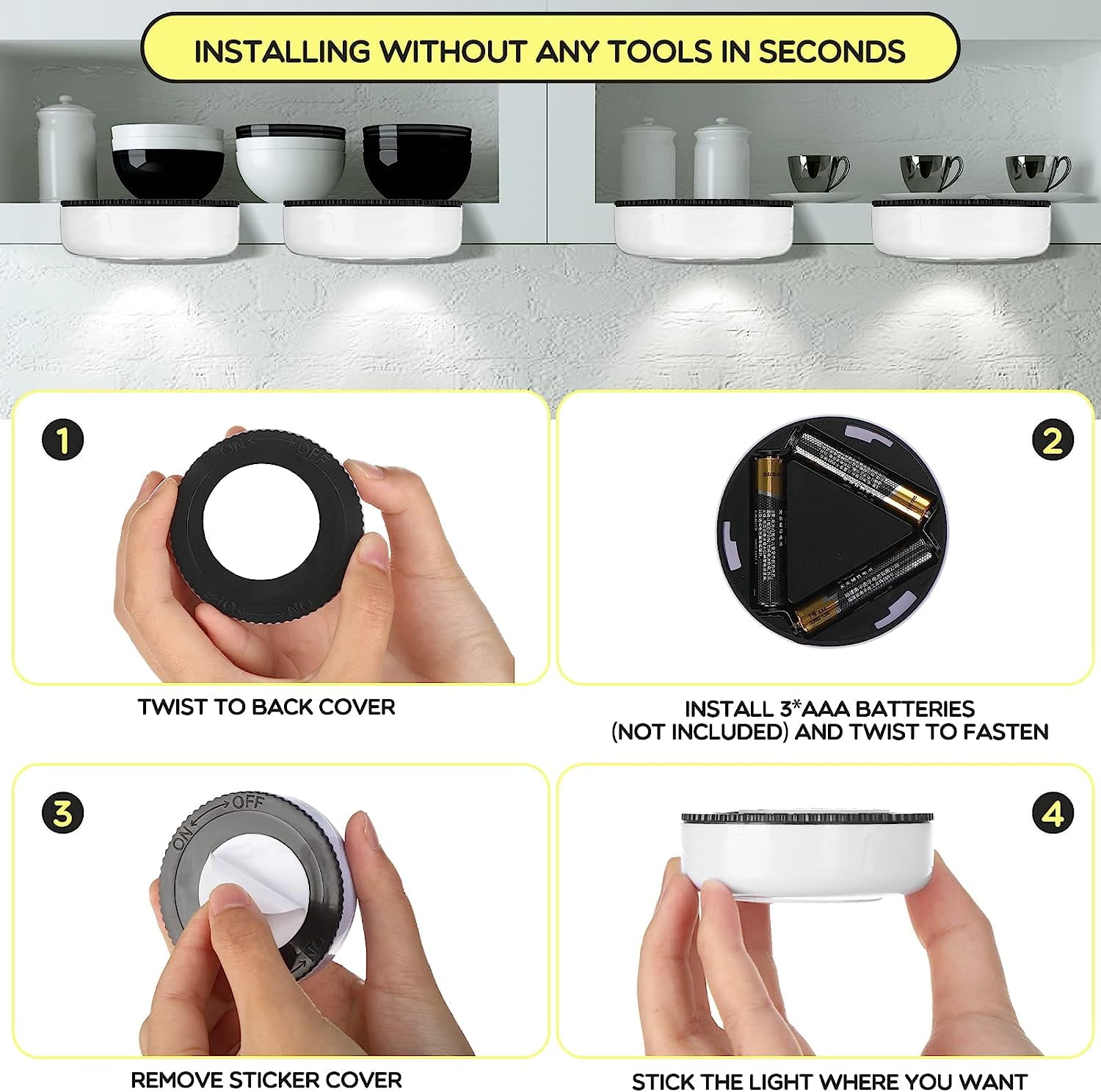 JJEAN-12 Pack Wireless LED Puck Lights, Under Cabinet Lighting, 70 Lumens Portable Touch Light, Stick on Battery Powered, for Kitchen Closets Cabinets Garage Bedroom Shelf(Classic Style)