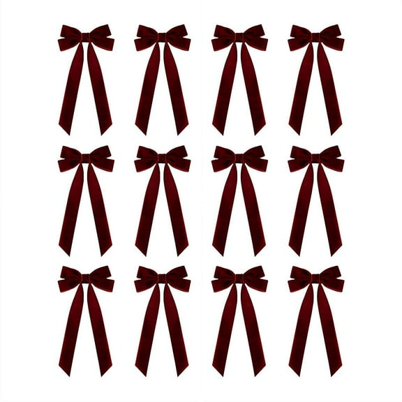 12 Pcs Burgundy Velvet Ribbon Bows Christmas Tree Decorations, Christmas Ornaments for Tree Home Party Front Door Wreath Holiday Decor