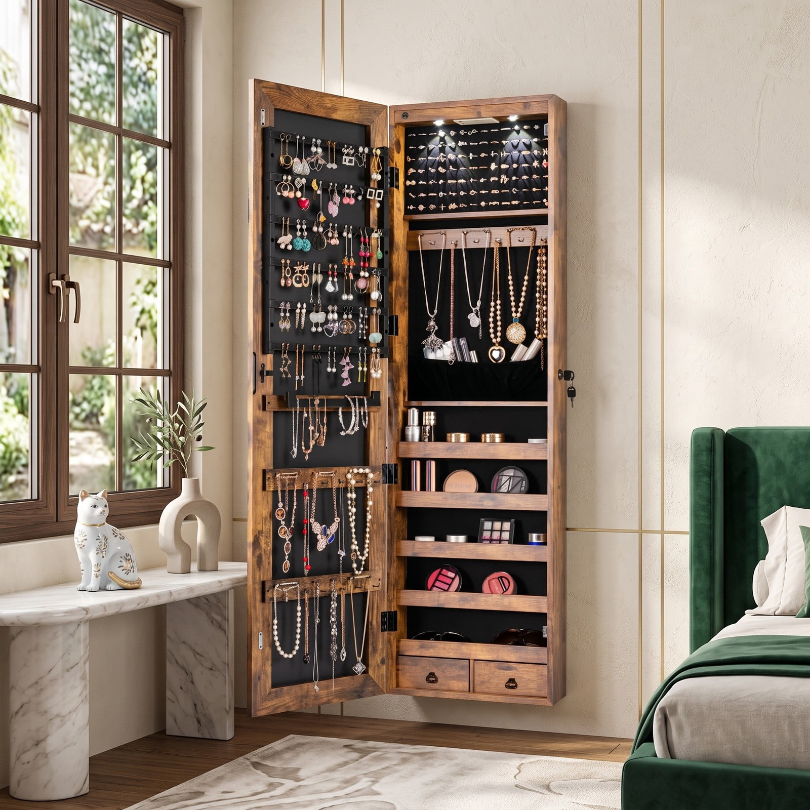 Furnibear Lockable Wall and Door Mounted Jewelry Cabinet with Full-Length Mirror and LED Lights for Bedroom Ring and Necklace Storage, Rustic Brown