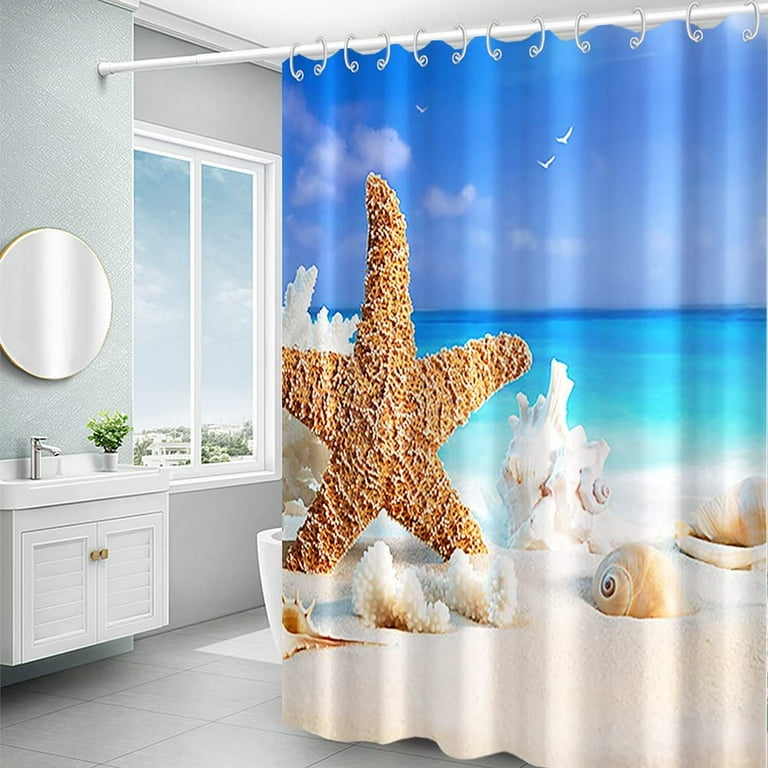 Waterproof Fabric Sea Blue Sky Summer Beach Bath Shower Curtain with 12 Hooks  Ocean Shells Starfish Birds Durable Cloth Curtains Set for Bathroom Decor  Machine Washable 72x72 inches 