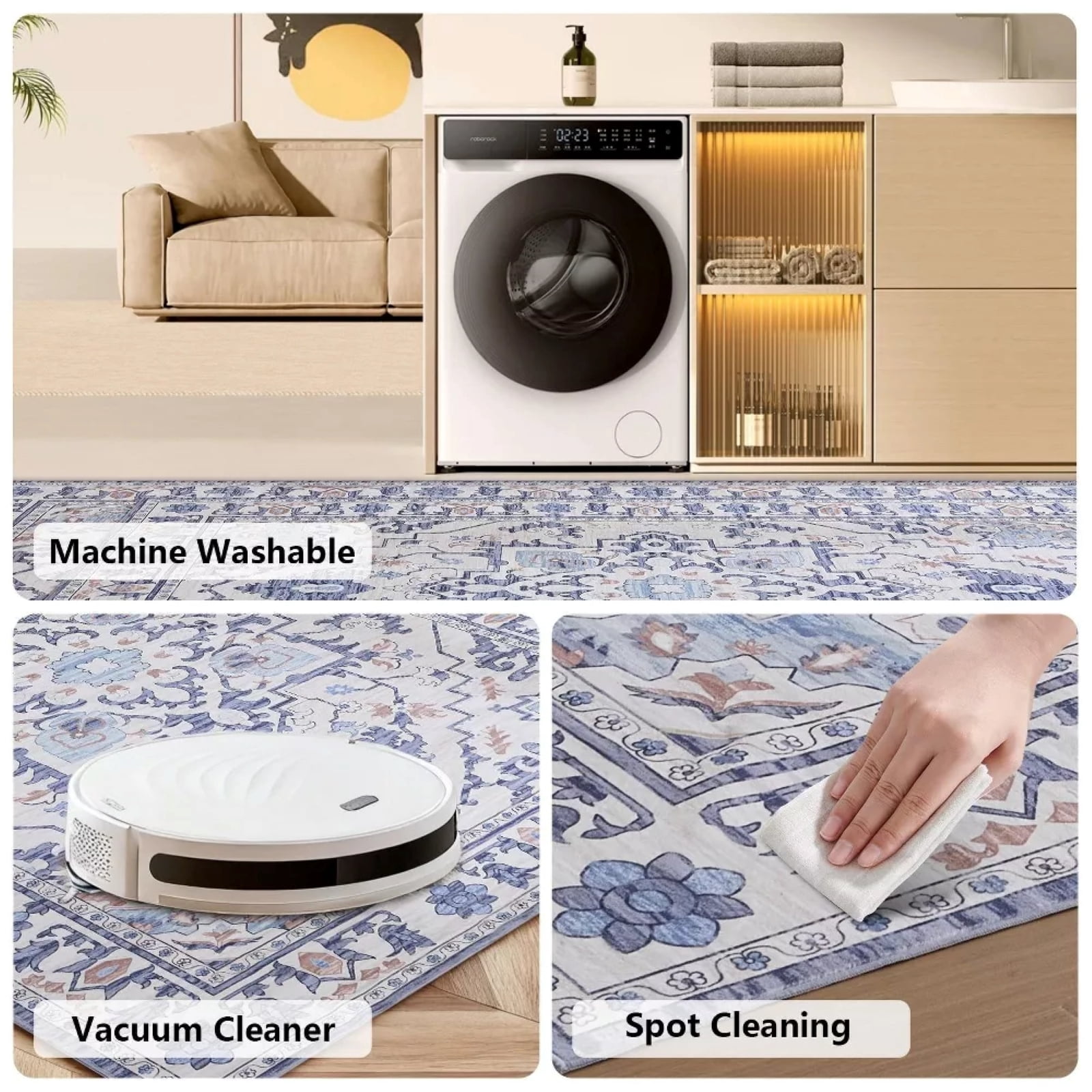 Kelno 8'x10' Area Rugs Vintage Living Room Rug Washable Low Pile Indoor Carpet Non-slip Soft Rug Bedroom Dining Room, Blue