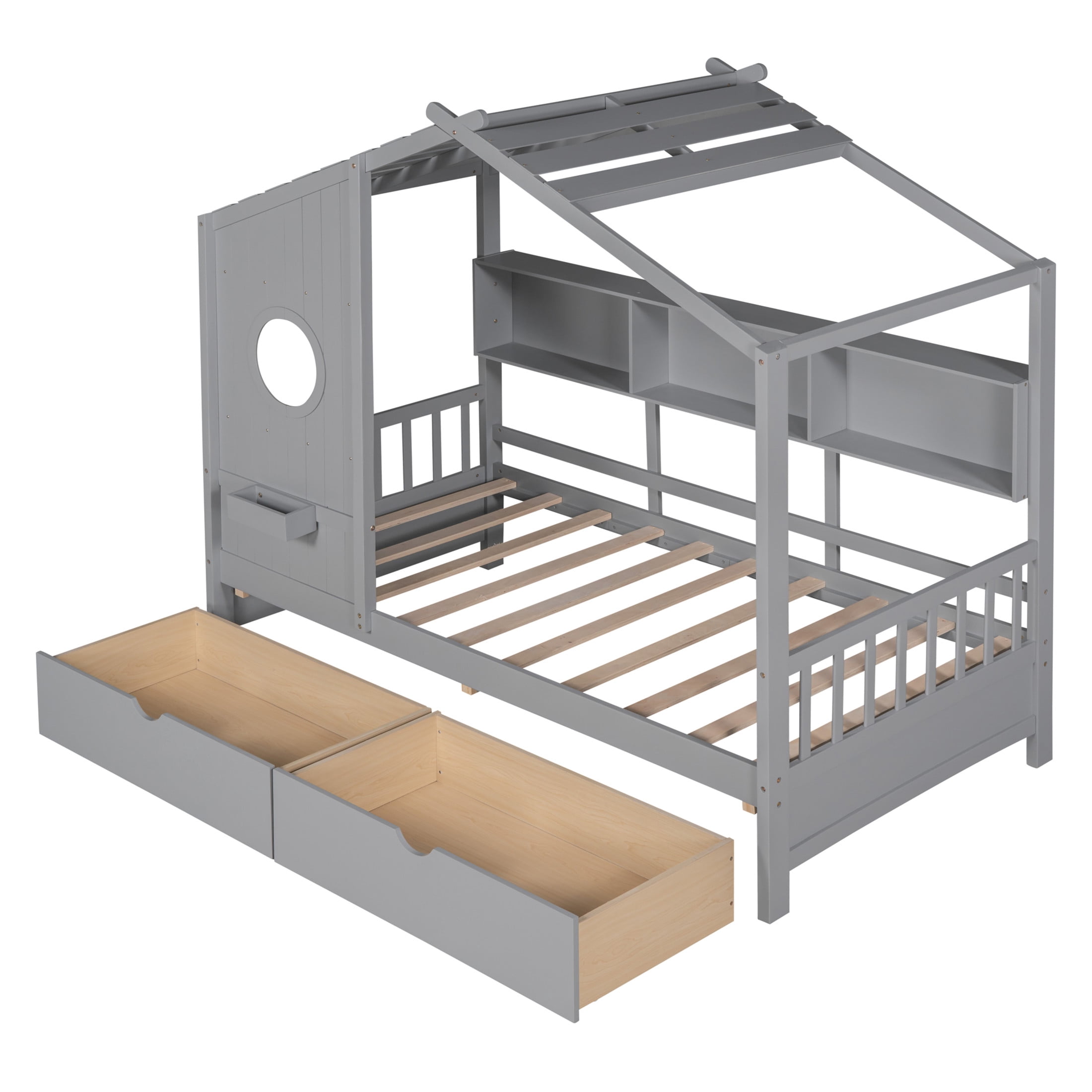 Noble House Wooden Twin Size House Bed with 2 Drawers,Kids Bed with Storage Shelf, Gray