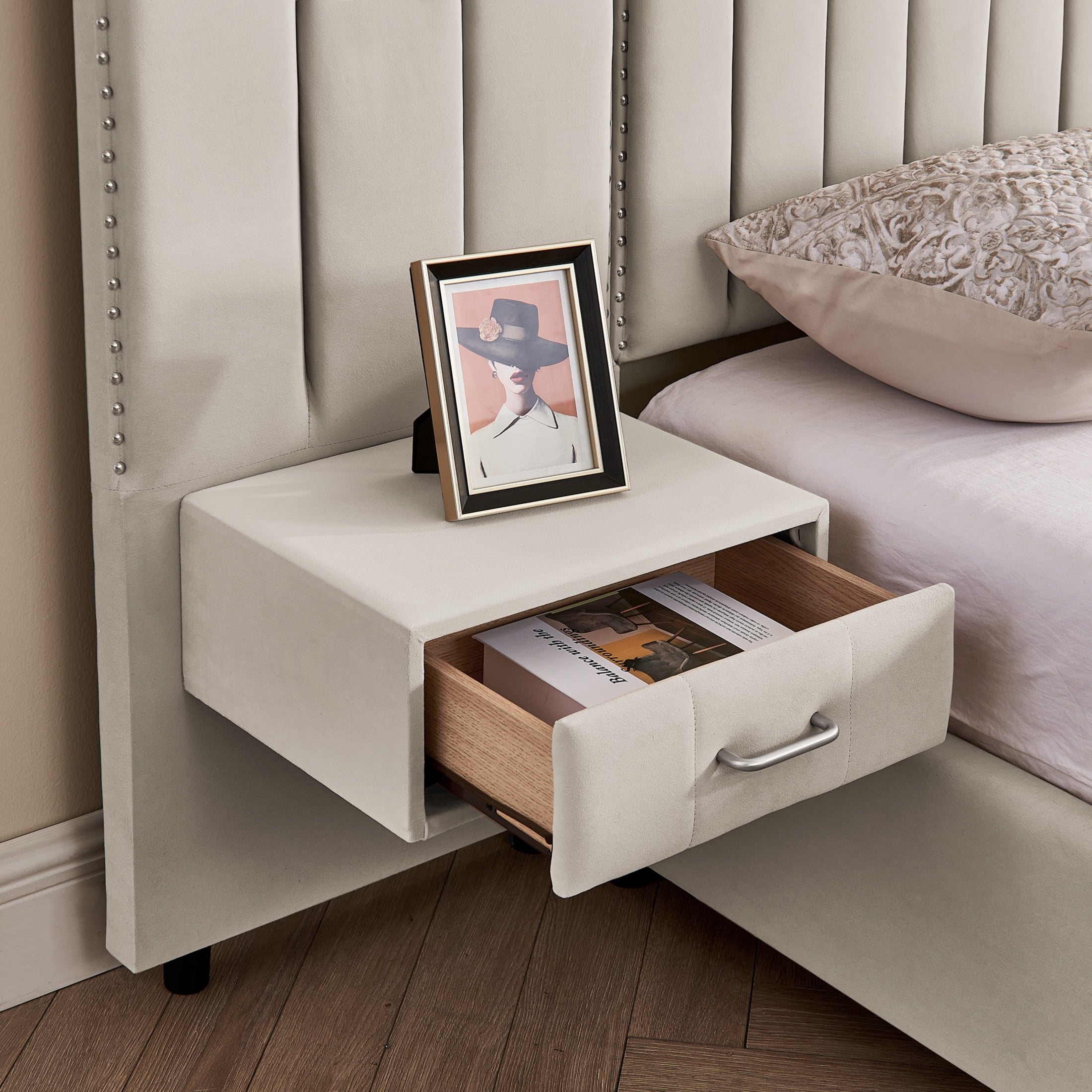 Noble House Neville 118" King Size Upholstered Bed Frame, Velvet Vertical Stripe Platform Bed with Lights, Beige
