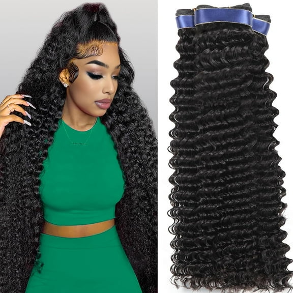 Deep Wave Human Hair Bundles 18 20 22 Inch Curly Bundles Human Hair Extensions 16A 100% Unprocessed Brazilian Raw Deep Curly Hair Weave Sew in Bundle Wet and Wavy Water Wave 3 Bundle Natural Black