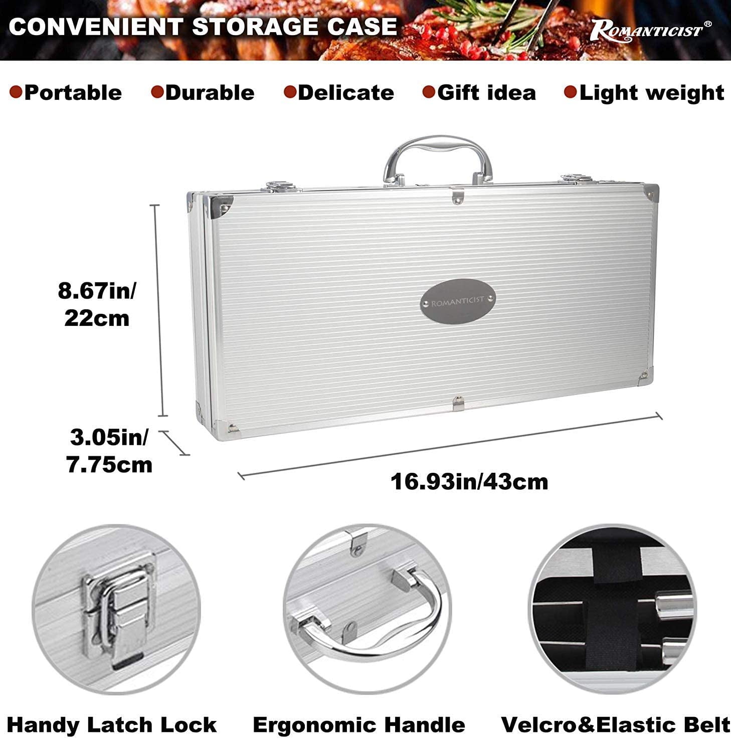 ROMANTICIST 28PCS BBQ Accessories Set with Thermometer - The Very Best Grill Gift on Christmas - Heavy Duty Stainless Steel Grill Set in Case for Outdoor Cooking