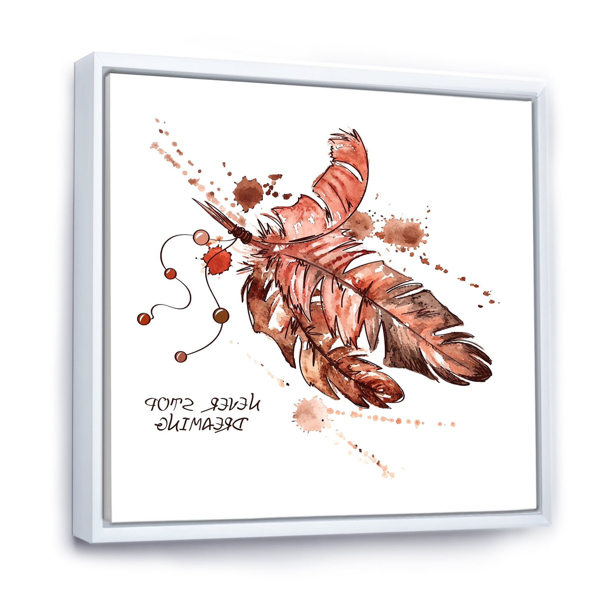 Designart 'Bird Feathers In Earth Tones Never Stop Dreaming' Bohemian & Eclectic Framed Canvas Wall Art Print