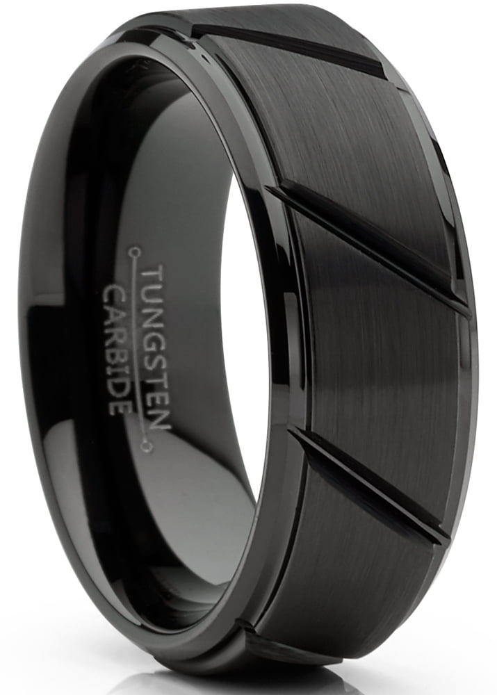Mens Tungsten Ring Black Grooved Wedding Band Beveled Edges Comfortfit