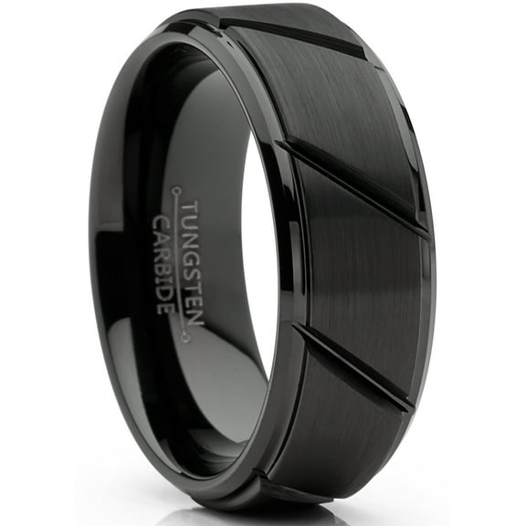 Metal Masters Mens Tungsten Ring Black Grooved Wedding Band Beveled Edges Comfort-fit 8mm
