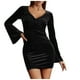 thumbnail image 1 of Mujeres Sexy Negro Sólido Club Noche Escote en V Acampanado Manga larga Terciopelo Vaina Hasta la rodilla Bodycons Vestido corto Fridja nbo4143, 1 of 8