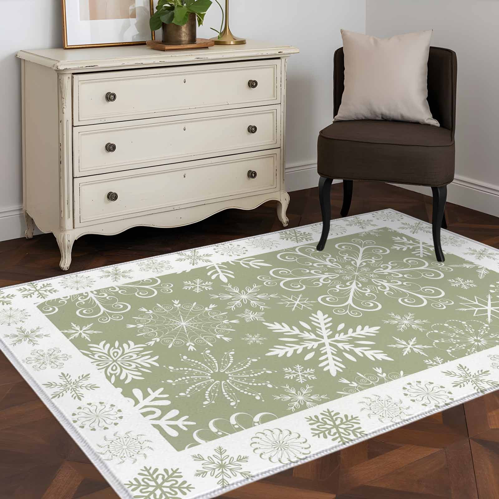 Christmas Snowflakes Area Rug 3x5 Washable Rug Non Slip Green Xmas Winter Vintage Large Area Rug Indoor Floor Carpet for Entryway Bedroom Kitchen Living Room Home Office Dining Room Nursery
