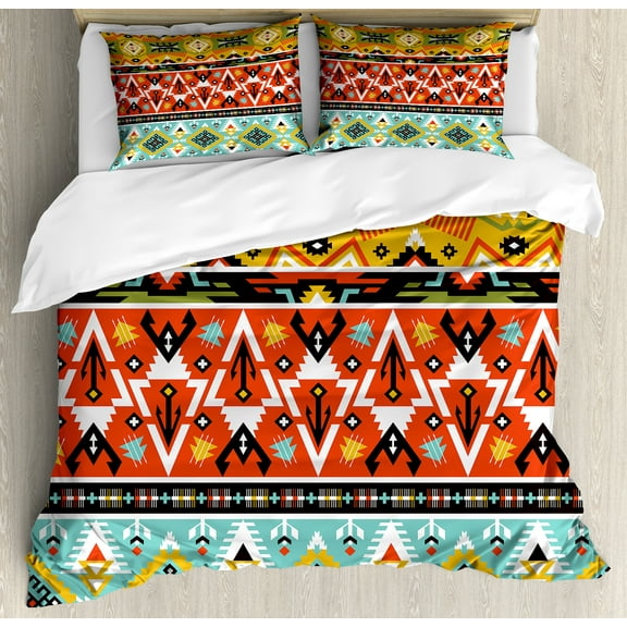 Ambesonne Tribal Duvet Cover Set, Love and Adventure Aztec, King, Scarlet Mustard Blue