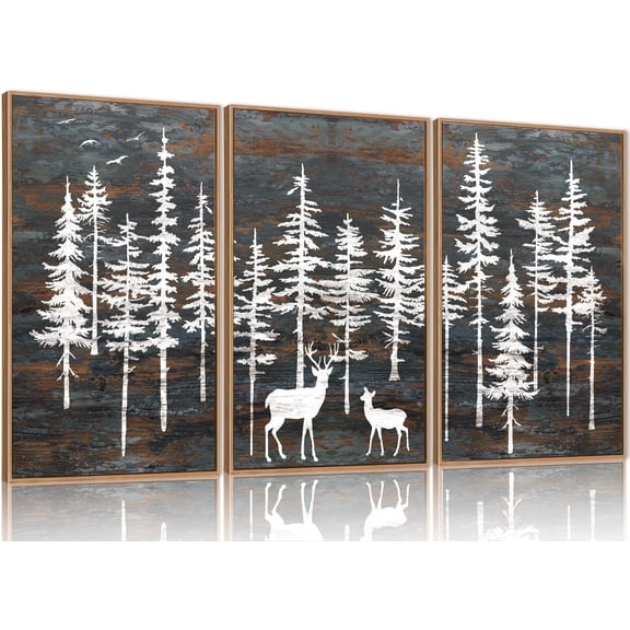 TOARTi Modern White Forest Framed Canvas Wall Art,Retro Tree Landscape Wall Decor, Minimalist Wildland Deer Artwork for Living Room, Offie - 16"x24"x3