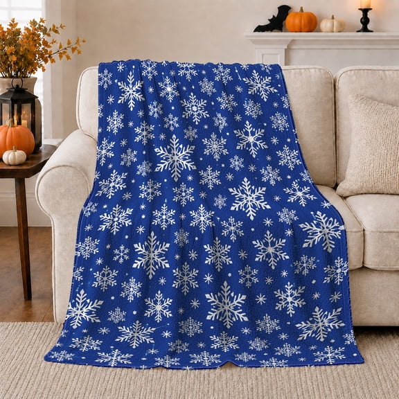 Royal Blue Snowflake Winter Scene, Festive Holiday Scene, Warm Flannel Blanket for Living Room and Bedroom with Detailed Artwork, Art Lovers Housewarming Gift, Artistic Home Decor