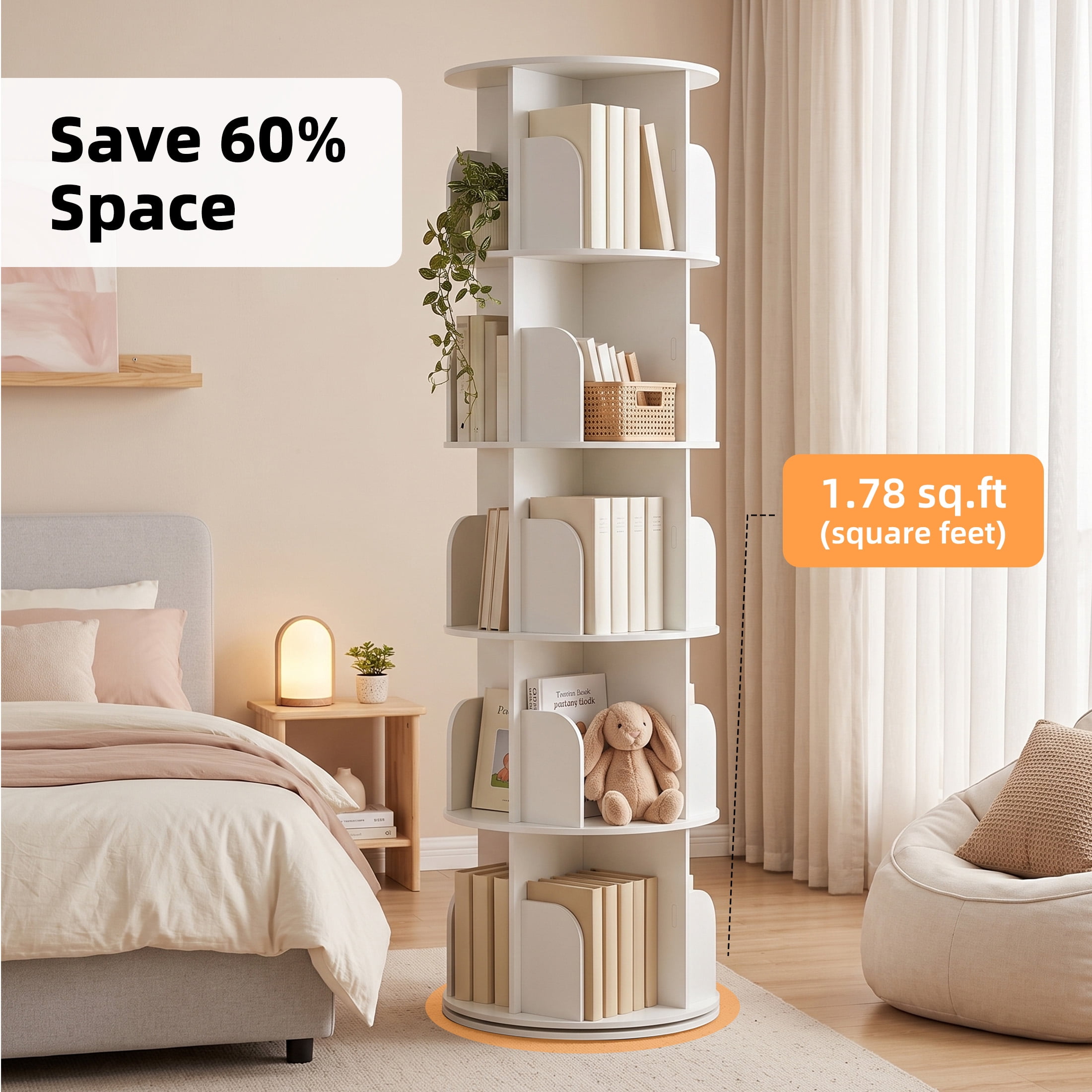 Gianna 5 Tier Rotating Bookshelf, 360 Display Floor Standing Bookcase Storage Rack, White